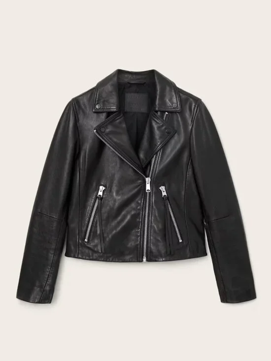 AllSaints Dalby Slim Fit Leather Biker Jacket Classic Jacket US 8 - Picture 2 of 13